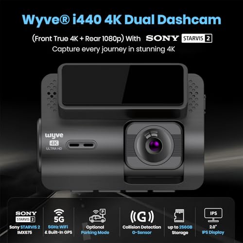 Image of Wyve i440 4K Dual Dashcam with Sony STARVIS 2 IMX675, 4K Front + 1080p Rear,GPS,5GHz WiFi,Parking Mode, 2.0 inch IPS,170 Wide Angle,Novatek High Performance Chipset,Supports 256GB