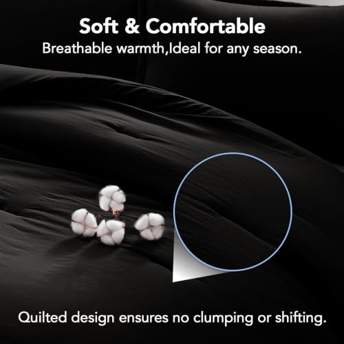 Image of Quataly California King Comforter Set Prewashed Lightweight Quilted Bedding | 3PCS Black Breathable Down Alternative Bedding Set with 1 Solid Comforter (104 inchx96 inch) and 2 Soft Pillowcases