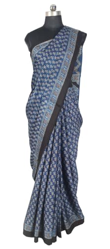 Image of Ethnics of Kutch Womenss Ajrakh Modal Silk Natural Dye Hand Block Print Saree with Blouse Piece - 5.5 Mtr Length
