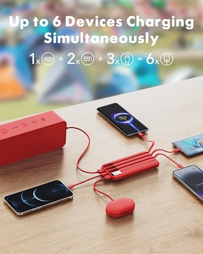 Image of charmast Portable Charger with Reinforced Built-in 4 Cables,10000mAh Power Bank Travel Essentials 6 Outputs 3 Inputs 3A Fast Charging Compatible with iPhone iPad Samsung Google Pixel LG Moto etc.