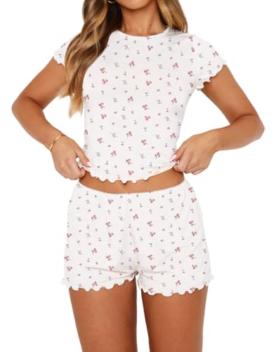 Image of Dressmine Women Sexy PJ Sets Cute Pajamas Set 2 Piece Sleepwaer Outfits | Woman Cute Pajamas Set 2 Piece Sets Casual Y2k Crewneck Tops Sleepwear 2026 Fall Sexy PJ Shorts Sets Vacation Clothes