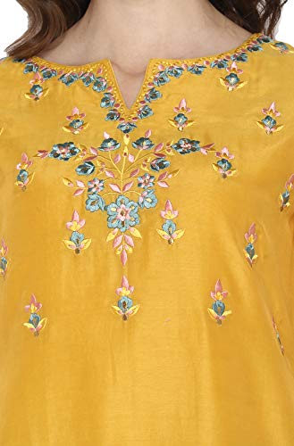 Image of Janasya Women's Yellow Poly Muslin Kurta With Palazzo and Dupatta