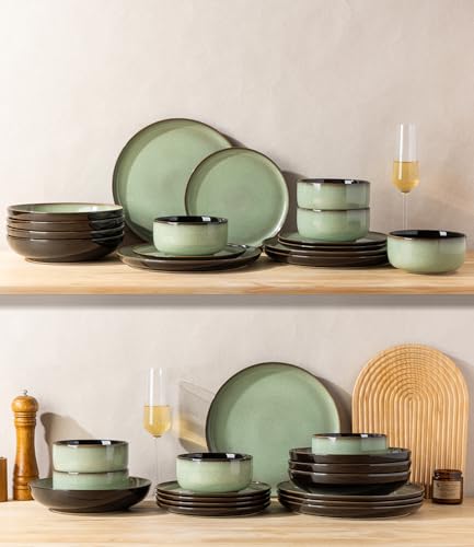 Image of LERATIO Ceramic Dinnerware Sets for 4,12 Pieces Poreclain Plates and Bowls Sets,Scratch Resistant Dishes,Dishwasher & Microwave Safe Dishes Set,Service for 4-Light Geen