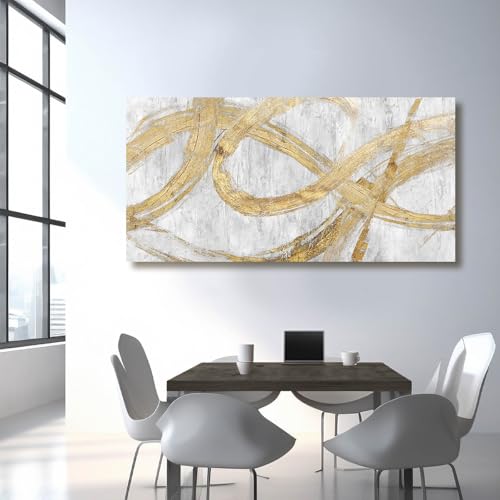 Image of VAYIMDH Decorative Wall Art Line Painting Prints on Canvas White Living Room Wall Decor 24 inchx 48 inch Abstract Artwork Gold Picture Wall Decor for Bedroom