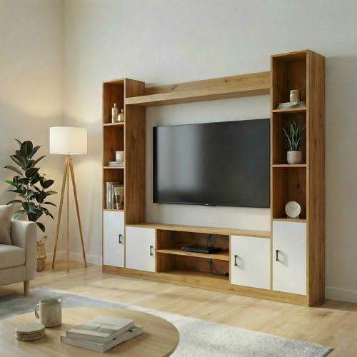 Image of Raywud Elavora Engineering Wood TV Entertainment Unit Set | TV Cabinet with Shelves for Books & Decor Display Unit for Living Room | Ideal for TV Unit Upto 55 inch |DIY Assembly (Gold Oak & White)