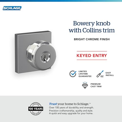 Image of SCHLAGE F51A BWE 625 COL Bowery Knob with Collins Trim Keyed Entry Lock, Bright Chrome