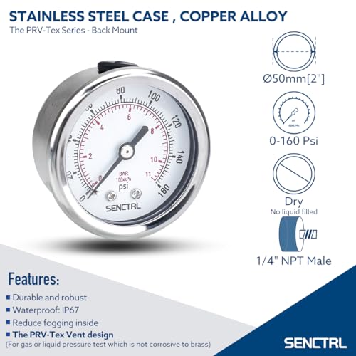 SENCTRL 0-160 Psi Pressure Gauge, 2" Dial, 1/4 NPT Back Mount, Waterproof, Stainless Steel Case, for Pneumatic Regulator Air Compressor RV Regulator Water Tire Pressure Test