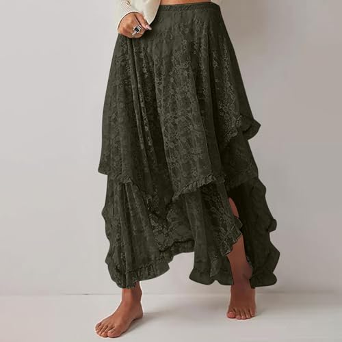 Women's Flowy Lace Maxi Skirt, Asymmetrical Layered Ruched Casual Skirts Boho High Waist Beach Vacation Clothes2