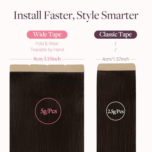 Image of GOO GOO Tape In Weft Hair Extensions Human Hair, 2 Dark Brown, 8cm Wide Tape, 22inch 10pcs 50g, Tape Weft Hair Extensions, Seamless Tape in