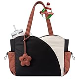 LOVEVOOK Tote Bag for Women, Puffer Tote Bag with Zipper, Work Bags for Teacher Nurse College, Handbag With Water Bottle, Teacher Tote for Travel, Daily, Beige-black-brown