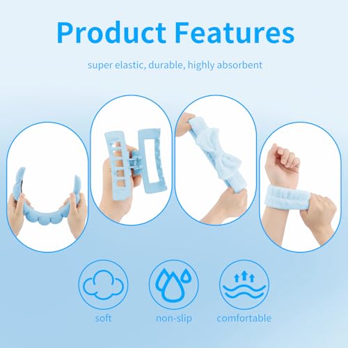 Canitor Spa Headband Wrist Bands Hair Clips Set Skincare Makeup Self Skin Care for Women Washing Face College Grandkids Clean Girl Gifts Cute Trendy Stuff Aesthetic Things Blue