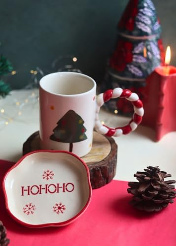 Image of WEAVING HOMES Handcrafted Ceramic Mug & Dessert Plate Set of 2 Multicolor Microwave Safe Christmas Mug & HOHOHO Dessert Plate