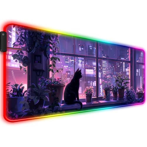 Image of JIANG100 RGB Japanese Anime Cute Cat and Plant Gaming Desk Mat, Computer Keyboard Large Extended Kawaii Animal LED Mouse Pad for Office and Home, 31.5×11.8 Inches, XL, Purple