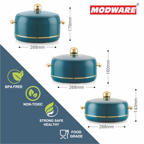 Image of Modware Atlantis Casserole Set of 3-1500ml /2000ml /2500ml Elegant Design Premium Hot Pot, Retains Temperature for Hours, Insulated Inner Steel Casserole for Roti Hot Box for Home Chapati Box (Teal)