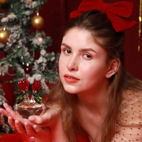 H&D HYALINE & DORA 4.5inch Crystal Rose Flower Figurine, Glass Rose Figurines Ornament with Gift-boxed for Wedding, Home Decoration, Anniversary