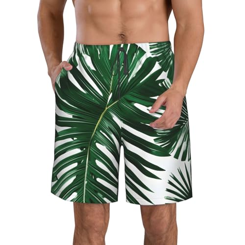 Green Palm Leafs Print Mens Casual Shorts Drawstring Summer Beach Stretch Shorts Novelty Swimtrunks