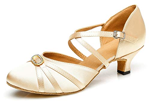 MINITOO Chaussures de Danse en Satin pour Femme avec lanière croisée et Bout fermé Bague Champagne EU 37.5