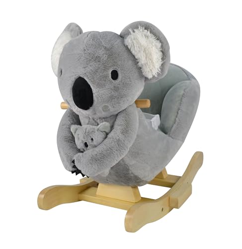 Mamma Koala a Dondolo per Bambini 18-36 Mesi Cavalcabile in Legno e Peluche con Suoni e Cintura di Sicurezza 61x32x52 cm...