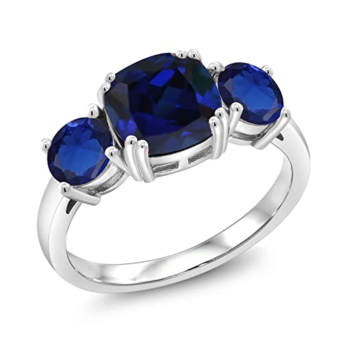 Gem Stone King 3.70 Cttw Blue Created Sapphire 3-Stone Engagement Ring For Women In 925 Sterling Silver | Gemstone September Birthstone | Cushion 8MM | Available in Size 5,6,7,8,9
