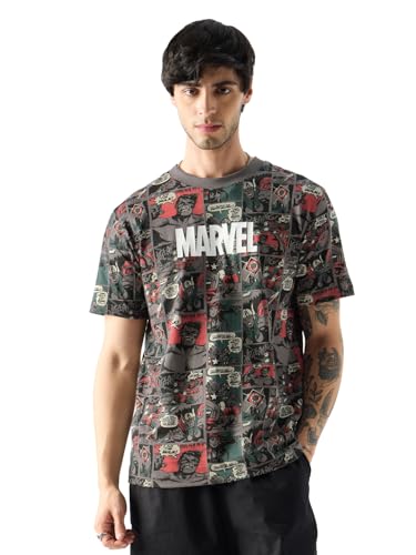 Image of The Souled Store Official Marvel: Comic Nerd Men and Boys Short Sleeves Round Neck Grey All Over Printed Cotton T-Shirts