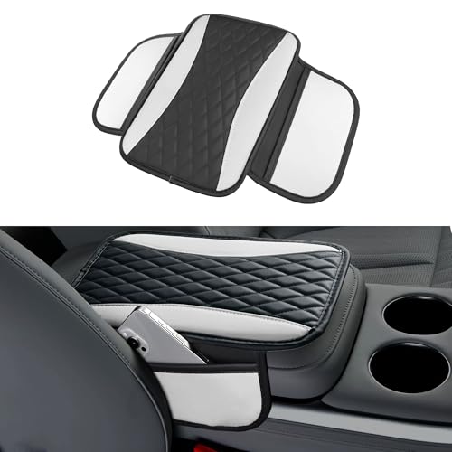 Tioollev Patchwork Leather Car Center Console Cover,Microfiber Leather Vehicle Armrest Protector Cushion with 2 Storage Bags,Universal Cars Armrest Cushion for SUV, Sedan, Truck (White)