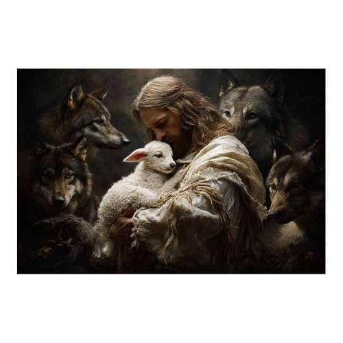 HUYEEI Leinwandposter mit Jesus Heilige Bewachung des Lammes Wandposter Kunstdruck,Gott, Religion, Leinwand Kunst für Zuhause, Bild, Gemälde, Geschenk(schwarz)-40x60cm Ungerahmt