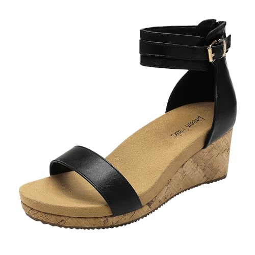 DREAM PAIRS Women's Open Toe Buckle Ankle Strap Platform Wedge Sandals Summer Shoes. 5 Grey