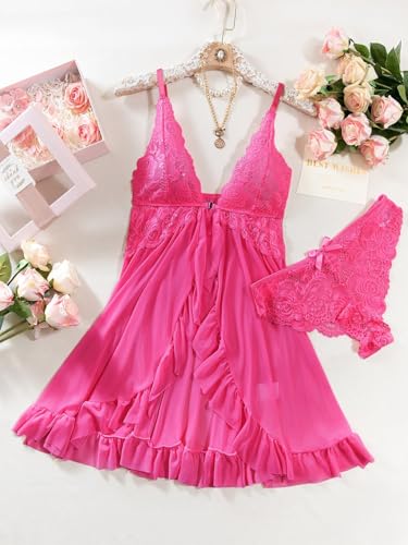 Image of Foxiny Sexy Open Front V Neck Ruffle Sheer Mesh Lace Wireless Babydoll Lingerie Dress with Thong 2 Piece