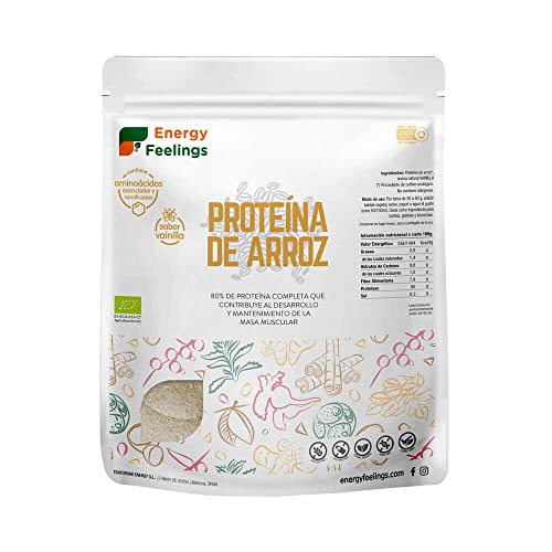 Energy Feelings Proteína de Arroz en Polvo Sabor Vainilla, 80% Proteína Vegana, Ecológica, Sin Gluten, Sin Lactosa, Sin Azúcar Añadido, Apta para Masa Muscular y Control de peso, 1Kg