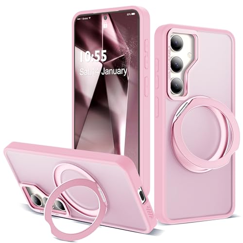 Image of Compatible with Samsung Galaxy S24 Plus Case with 360Rotatable Magnetic Ring Stand Compatible with Mag-Safe Military Protection Matte Translucent Phone Case for Galaxy S24+,Pink