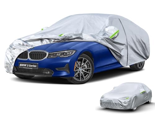 Image of Kaugung Car Cover Custom fit BMW 3 Series F30 (2011-2018), 6 Layers Windproof All Weather Waterproof Outdoor Cover Sun Rain UV Dust Snow Protection. Silver
