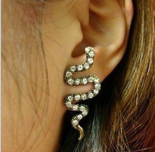 Classic Retro Gothic Antique Brass Punk Rock Dj Rhinestone Diamond Snake Ear Cuff Stud Earring Wrap ,Left Ear,idea for Party Dj Bar,make You Unique