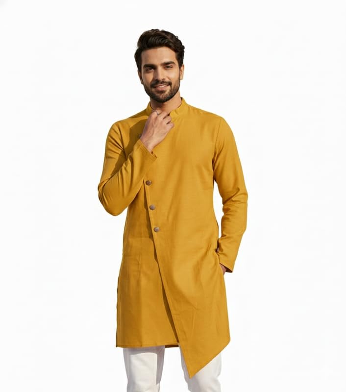 Image of OOMPH! Men's Ethnic Traditional Asymmetric Kurta Polycotton Regular Fit | High Neck Full Sleeves | Traditional Indian Festive Kurta | Stylish Casual and Wedding