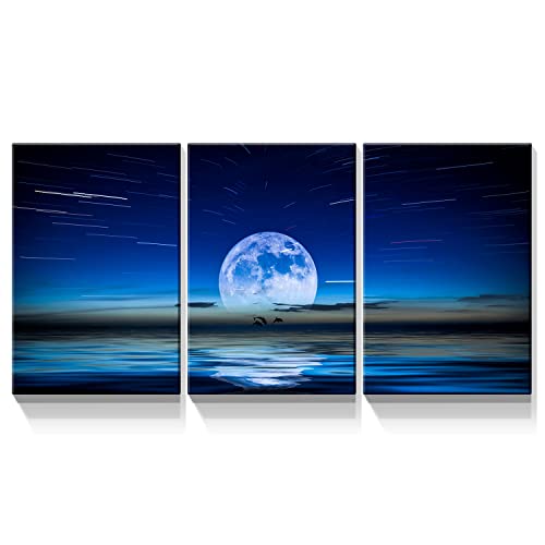 Wewejia Moon Canvas Wall Art Blue Ocean Dolphin Black Seascape 3Pcs Painting for Living Room Office Home Decor Ready to Hang