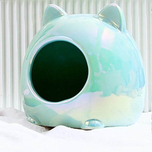 WIEXUN ハムスター 陶器ハウス ハムスターベッド 隠れ家 お休み所 かわいいハウス 涼感 夏用 冷房対策 洗える 飾り付け キュートな猫ヘッドデザイン 重みがあるからひっくり返らない (ブルー, L)
