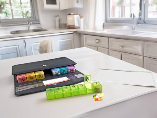 Image of Weekly Pill Organizer Case, 7 Compartments, Pebble Grain Faux Leather, Magnetic Snap, Medication Schedule Card (7X a Day Weekly with Wallet)