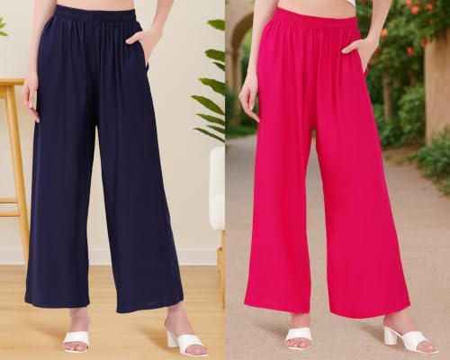 Image of Buy That Trendz Palazzo Pants for Women Rayon Elasticated Regular Fit Flared Wide Leg M to 6XL Pack of 2
