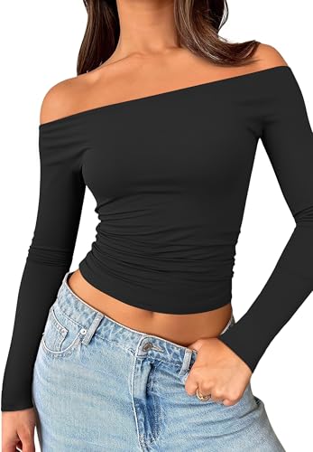 Matunana Womens Off The Shoulder Tops Long Sleeve Crop Going Out Shirts Cute Y2K Asymmetrical Fall Teen Girls 2025 Trendy Fashion Black