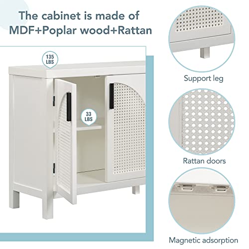 Polibi Solid Wood Sideboard Cabinet With Artificail Rattan Doors And Metal Handles, Side Table Buffet Cabinet For Living Room Entryway Dining Room, White #TOP3
