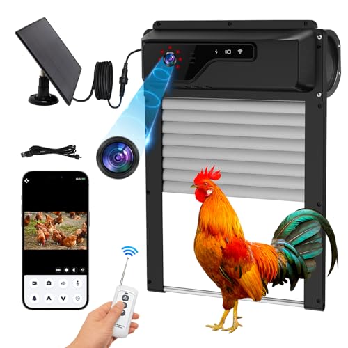 Automatic Chicken Coop Door with WiFi HD1080P Camera Auto Solar Chicken Coop Door Opener with Timer APP Remote Control 5000mA Battery Night Vision Alarm Drive for Poultry Safety