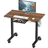 SHW 40-Inch Mobile Electric Height Adjustable Sit to Stand Desk with Drawer, Hanging Hooks and Cable Management, Walnut