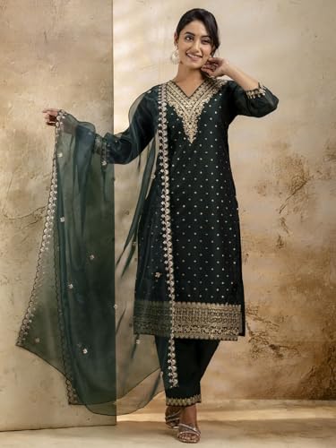 Image of VredeVogel Women's Chanderi Silk Embroidered Kurta with Pant & Organza Dupatta Set | Casual Outfit Ethnic Kurta Set for Women | Modern & Traditional Blend Ethnic Wear