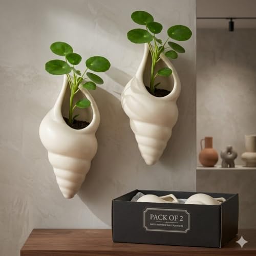 Image of JIYANSH Creation Ceramic Wall Planter Set of 2 - Modern Scalloped Hanging Flower Pot for Indoor Plants Succulents Air Plants - Half Moon Wall Vase (White)
