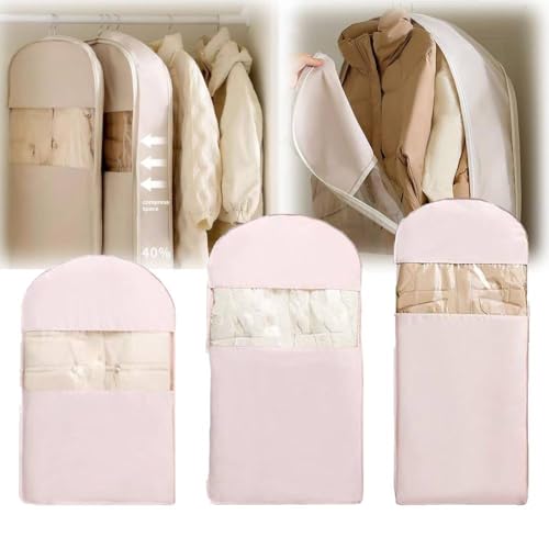 3PCS Space Saving Hanging Garment Bag with Self Compression Zipper,2025 New Space Saving Hanging Protector,Travel Bags with Hanger,Dust Cover Clothes Bags Travel Organizer for Down Coat Suit