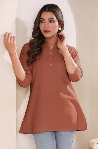 Image of Janasya Women's Light Blue Linen Cotton Solid A-line Top