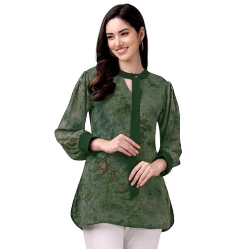 Image of Gufrina Women's Georgette Apple Cut Short Kurti with Long Puff Sleeves Western Style Keyhole Neck Solid Pattern Regular Fit and Mid Thigh Length