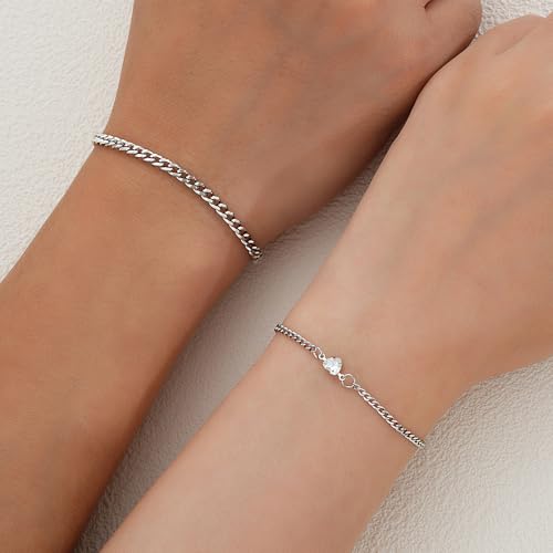 Dainty 2Pcs Silver Couple Bracelet Minimalistic Cuban Chain Crystal Heart Stainless Steel Bracelet Trendy Matching Jewelry Accessory Present for Women Men2