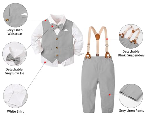 Image of SANGTREE Boys Suit Cotton Linen Formal Set Baby Boy Dress Clothes Gentleman Wedding Ring Bearer Outfits, 3 Months - 9 Years