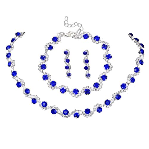 Clataly Mariage de mariée cristal coloré collier boucles d'oreilles Bracelet Set argent Bridal collier Femmes bijoux (Bleu)