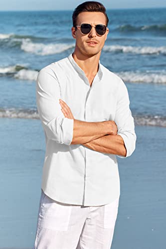 Makkrom BZ4989BS0L Men Linen Shirt Button Down Long Sleeve Cotton Beach Band Collar Casual Summer Shirts thumb #1